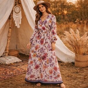 ECI New York Maxi Dress Sz 12 Multicolor Floral Boho Cottagecore‎ Festival